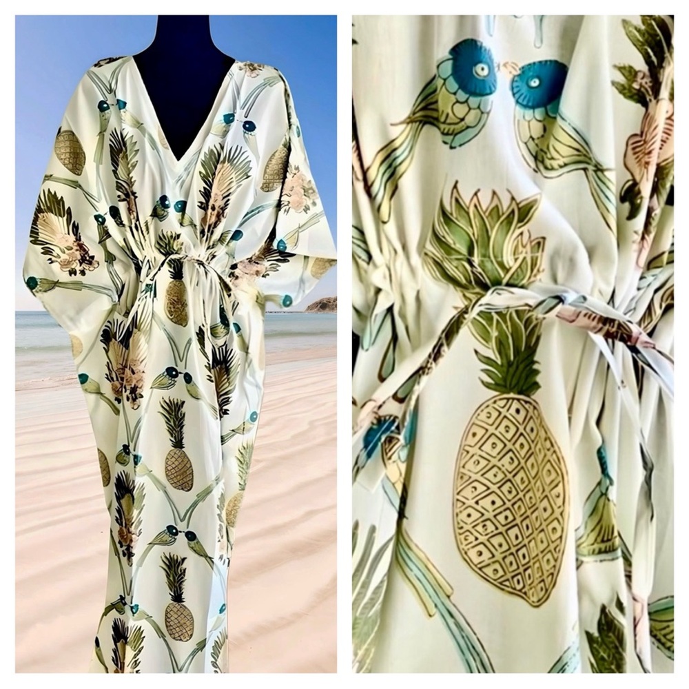 NEW Hand Block Printed Indian Cotton Kaftan Beach Coverup Nightgown Maxi Dress - Picture 2 of 10